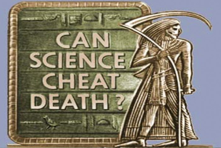Image of a sign with the text can science cheat death alongside a picture of the grim reaper for a blog on cryonics
